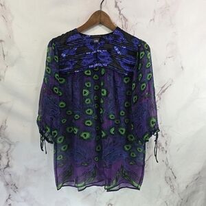 Custo Barcelona Top Women 1 US Small Silk Blouse Peacock Purple Black Green